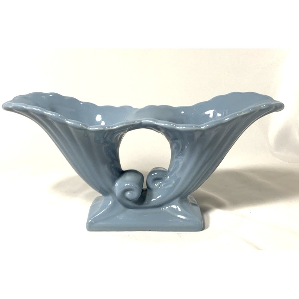 Abingdon Pottery Vase Blue Horns of Plenty Vintage Double Cornucopia USA